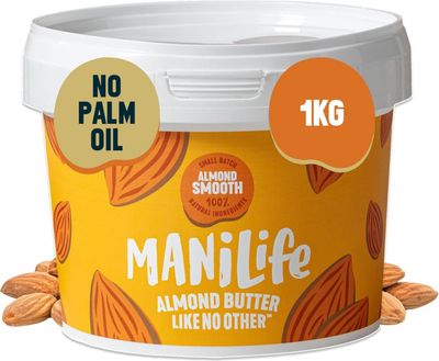 MANÍLIFE Almond Butter Smooth, 1kg Jar - Smooth and Sweet Vegan Almond Butter Made from Quality Almonds - No Palm Oil, No Added Sugar, No GMO