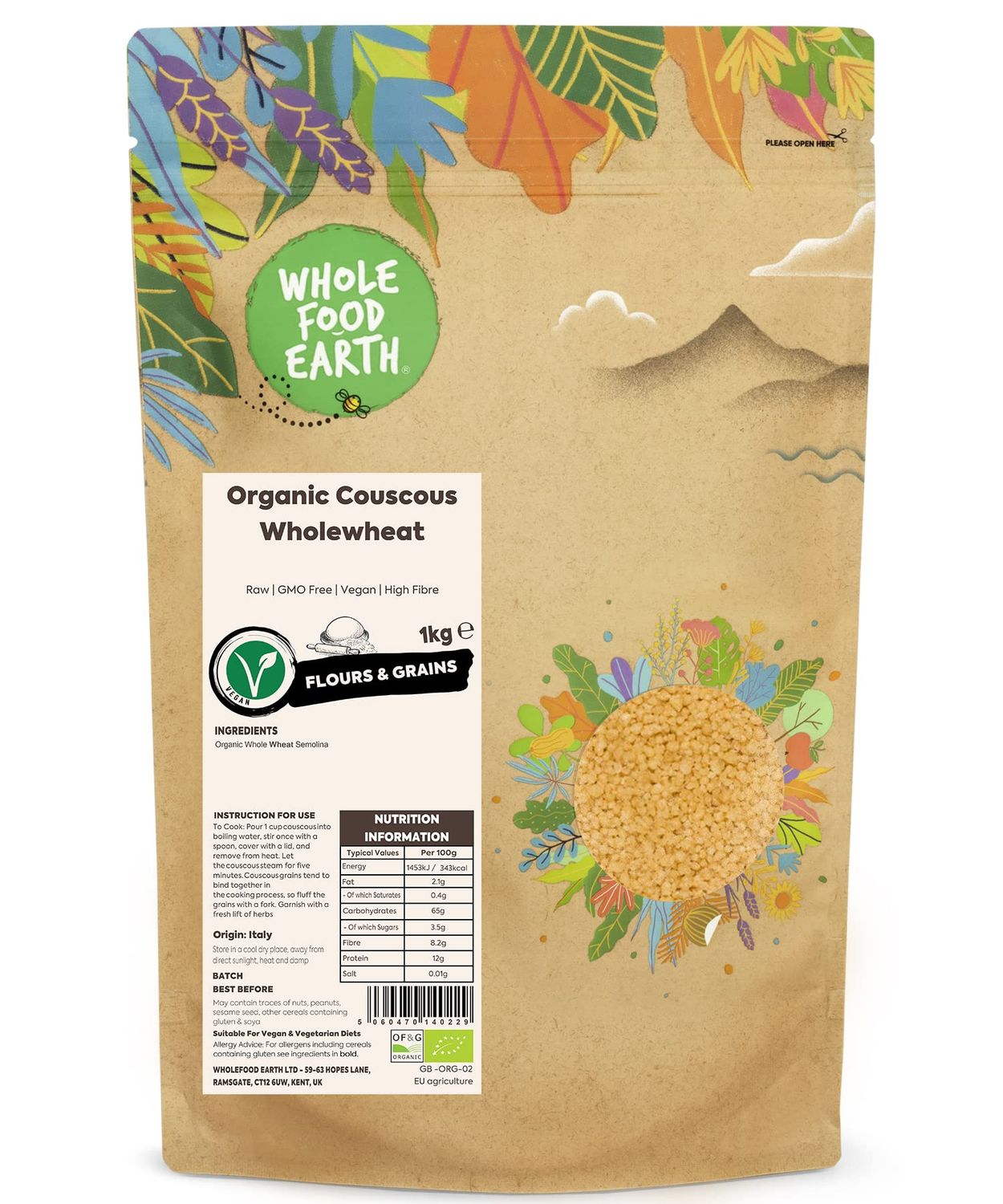 Wholefood Earth Organic Couscous Wholewheat - 1 kg Raw GMO Free Vegan High Fibre Certified Organic