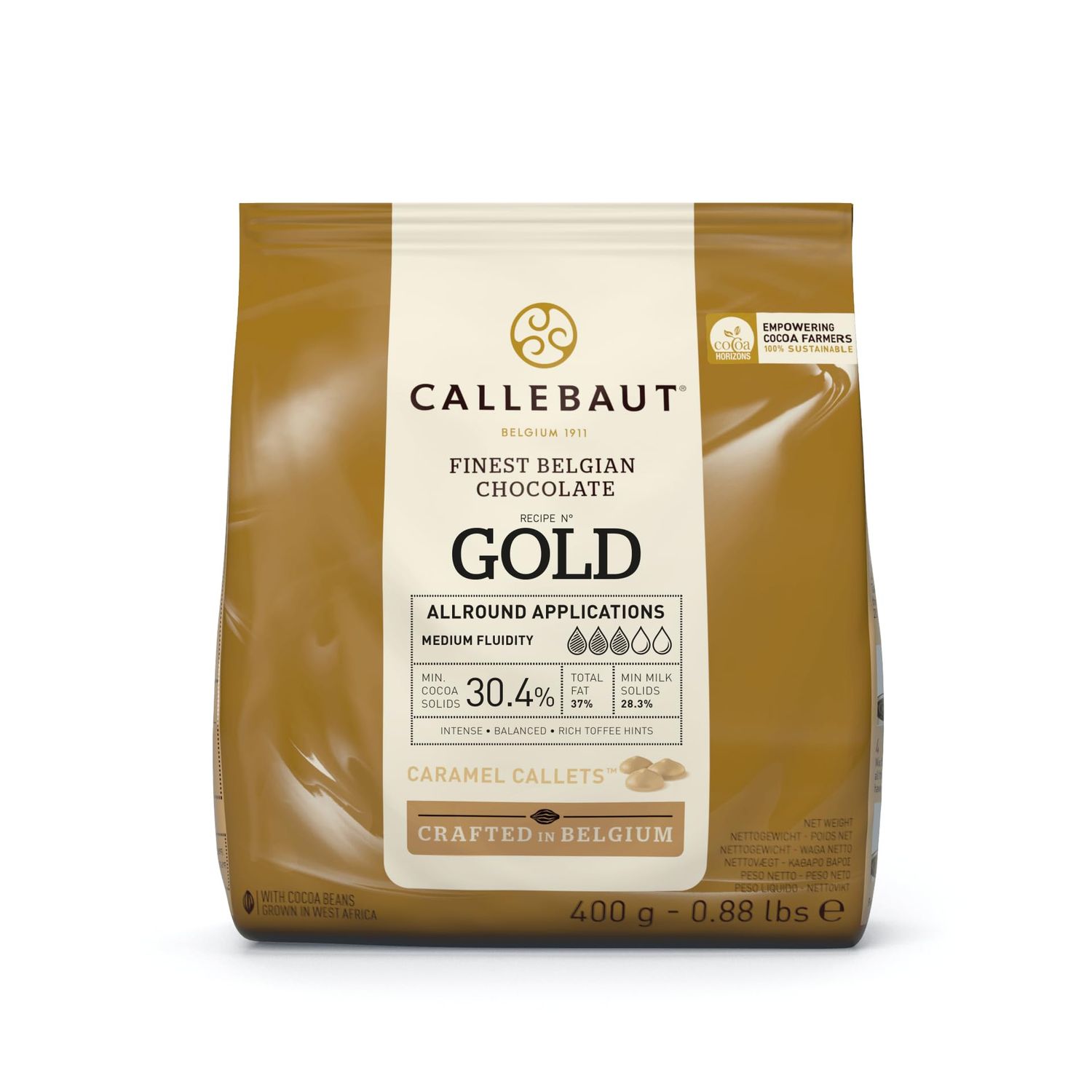 Callebaut Finest Belgian Gold Chocolate with Caramel Couverture Callets 400g
