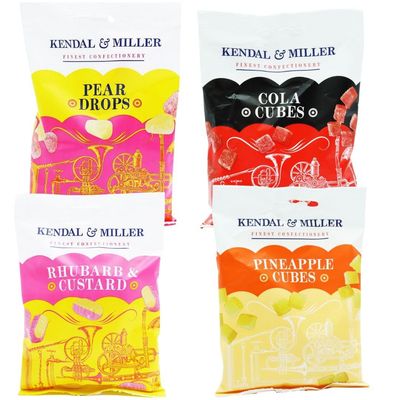 Traditional British Sweets 4 Pack - Pear Drops, Cola Cubes, Rhubarb & Custard, Pineapple Cubes - Retro Boiled Sweets - Gift Set - Vegetarian - 4 x 150g Bags