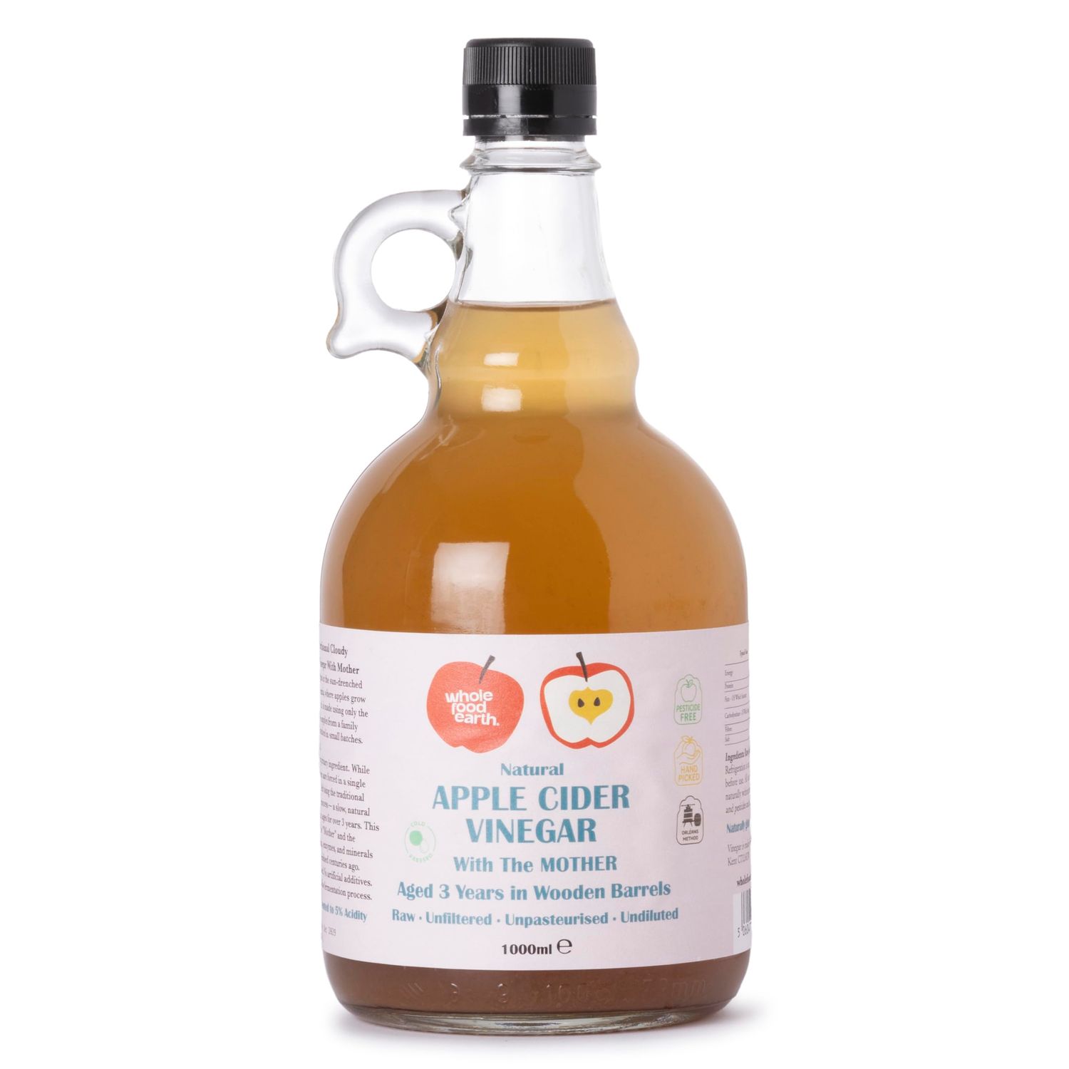Wholefood Earth Apple Cider Vinegar 1 x 1L - with "Mother" - Raw - Unpasturised - Unfiltered - GMO Free