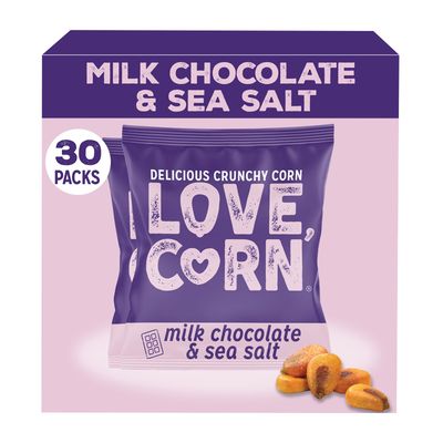 LOVE CORN Milk Chocolate &amp; Sea Salt Crunchy Corn Snack 30 x 15g Bags Kosher, Gluten-Free For Lunchbox &amp; On The Go Alternative for Crisps, Mixed Nuts &amp; Popcorn Healthy Graze UK Made
