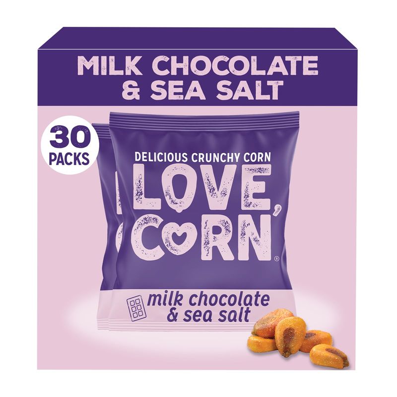 LOVE CORN Milk Chocolate &amp; Sea Salt Crunchy Corn Snack 30 x 15g Bags Kosher, Gluten-Free For Lunchbox &amp; On The Go Alternative for Crisps, Mixed Nuts &amp; Popcorn Healthy Graze UK Made
