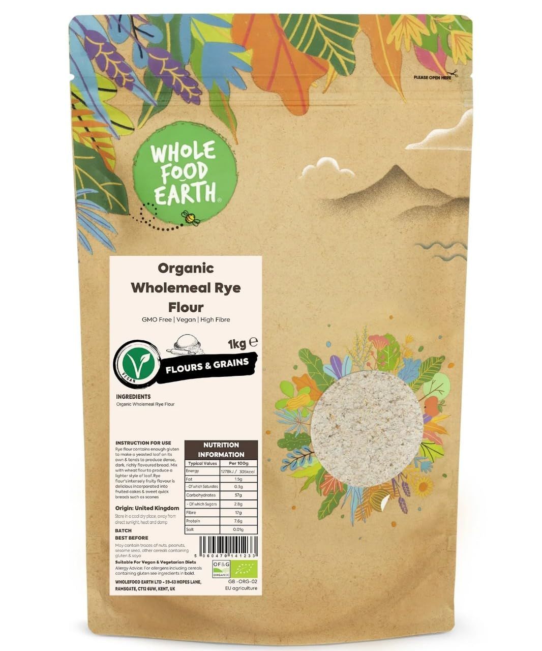Wholefood Earth Organic Wholemeal Rye Flour - 1 kg GMO Free Vegan High Fibre Certified Organic