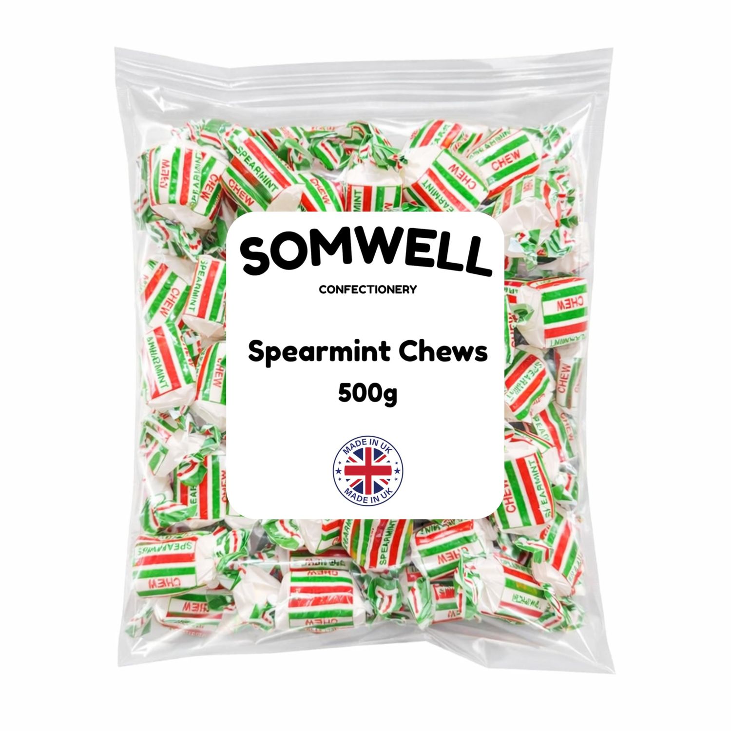 Somwell Spearmint Chews Sweets 500g - Bulk Chewy Spearmint Mint Sweets - Ideal for Assorted Pick &amp; Mix, Parties, Office &amp; Gifts - Vegetarian Friendly