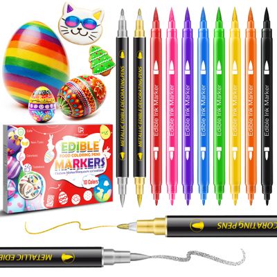 Food Colouring Pens - 10 Colours Dual-Sided Edible Icing Pens with Fine &amp; Thick Tip, Edible Markers &amp; Paint for Easter Eggs, Fondant Icing, Cake Decorating, Cookies, Frosting, Food Grade Easter Pens