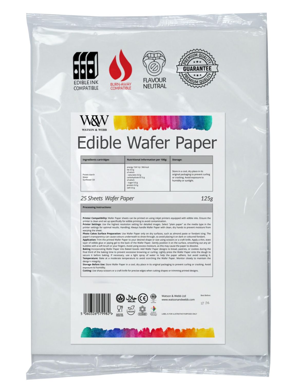 Watson &amp; Webb A4 Edible Wafer Paper; Pack of 25, 0.35mm Thick, ISO-Certified, Vegan; Toppers, Burn-Away Cakes, Printing, Gender Reveals, Baking, Edible Designs, Crafts