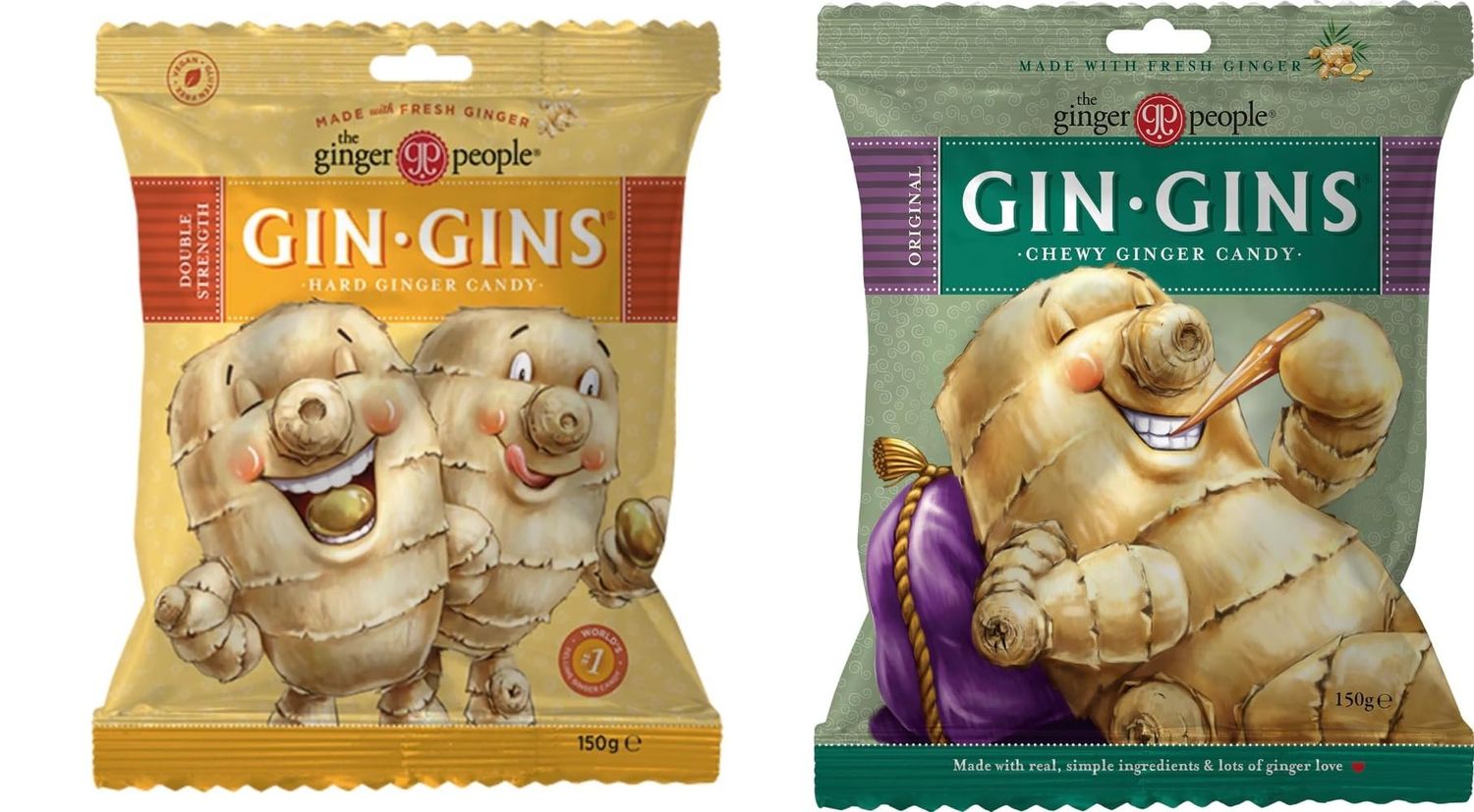 Happy Bees Bundle The Ginger People Gin Gins Sweets Twin Pack 150 g Chewy Plus 150 g Hard