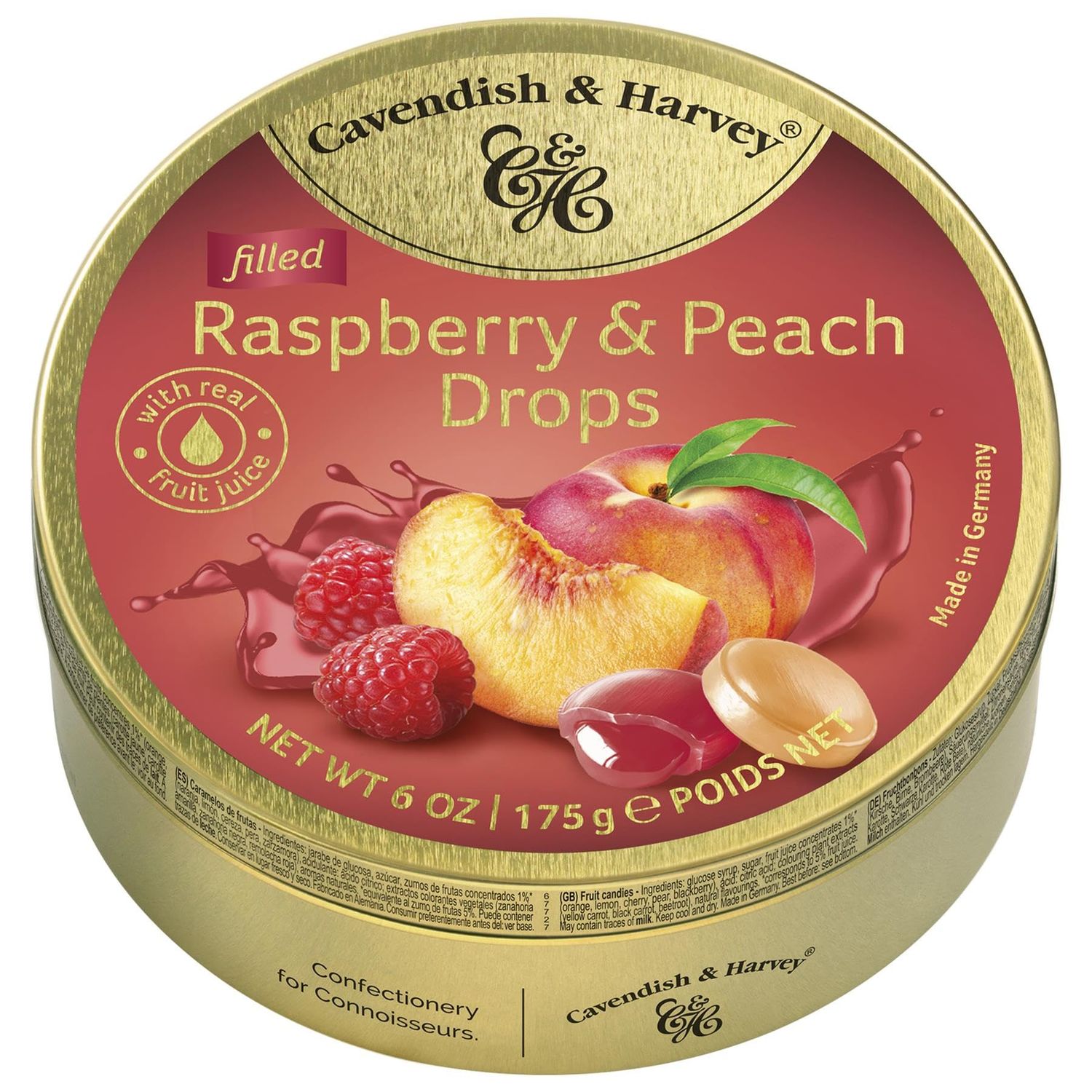 Pack of 3 Cavendish &amp; Harvey Raspberry &amp; Peach Filled Drops in Tin - Premium Fruit Flavoured Travel Sweets with Real Fruit Juice, Hard-Boiled Candy Confectionery - Each H4 x 9.7cm Dia, 175g