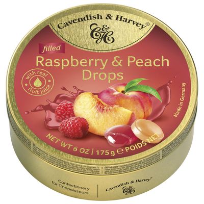 Pack of 3 Cavendish &amp; Harvey Raspberry &amp; Peach Filled Drops in Tin - Premium Fruit Flavoured Travel Sweets with Real Fruit Juice, Hard-Boiled Candy Confectionery - Each H4 x 9.7cm Dia, 175g