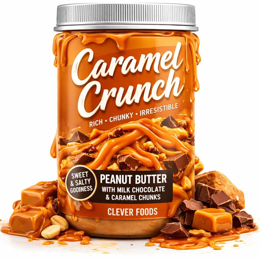 Crunchy Peanut Butter Caramel Crunch with Milk Chocolate &amp; Caramel Chunks Sweet &amp; Salty Peanut Butter Spread 400g Clever Foods