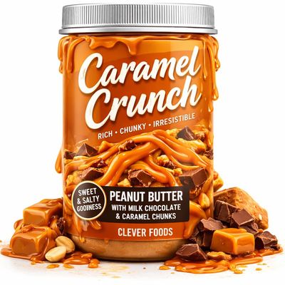 Crunchy Peanut Butter Caramel Crunch with Milk Chocolate &amp; Caramel Chunks Sweet &amp; Salty Peanut Butter Spread 400g Clever Foods