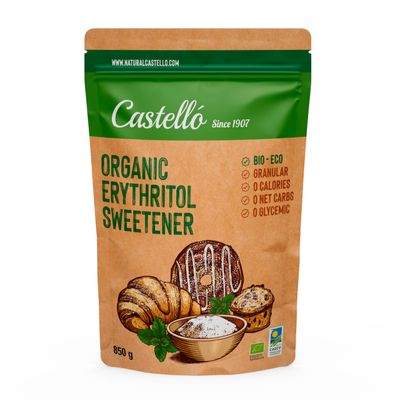Castello since 1907 Erythritol Sweetener Organic Bio Eco 10g = 7g of sugar Sugar Substitute - Keto and Paleo Friendly - 0 Glycemic - 0 Calories - 0 Net Carbs - Made by corn 100% Non-GMO - 850 g
