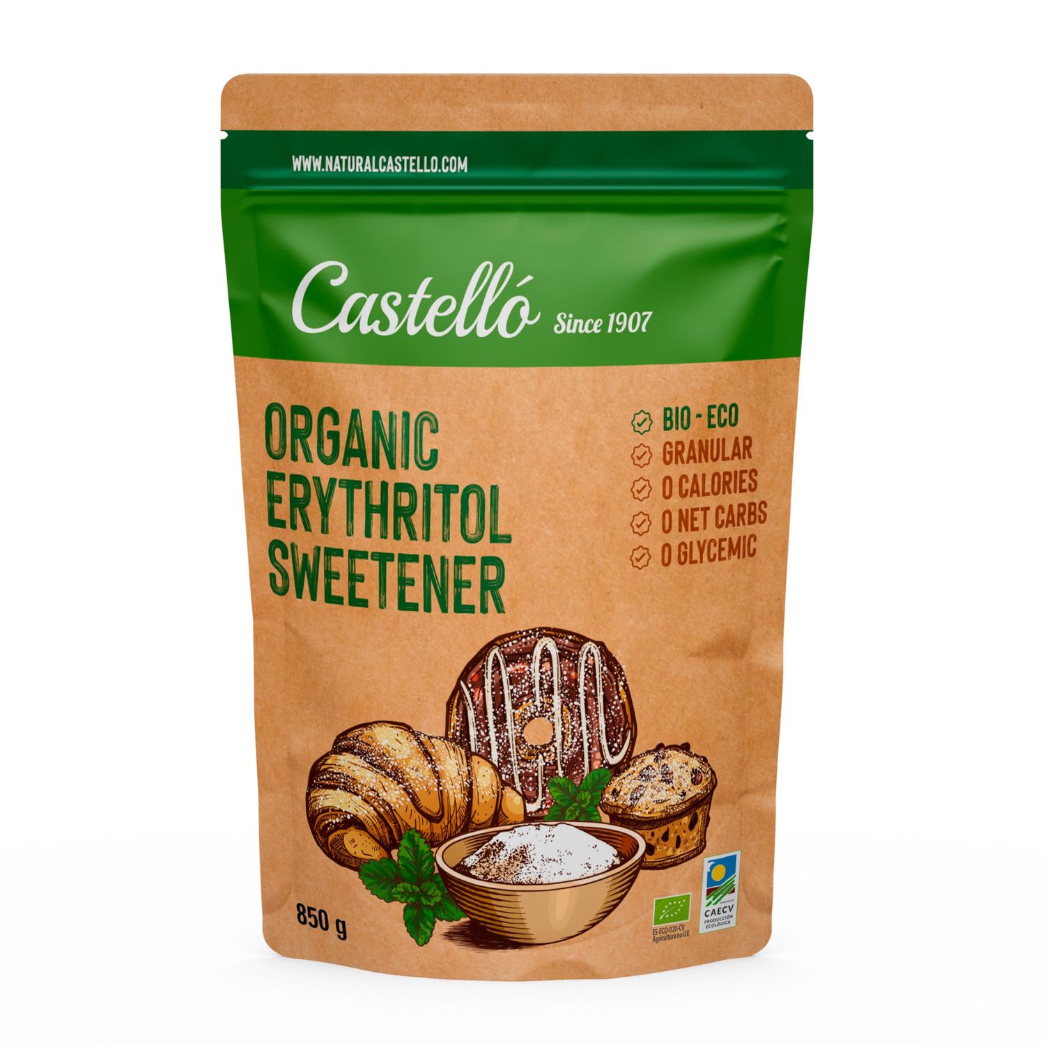 Castello since 1907 Erythritol Sweetener Organic Bio Eco 10g = 7g of sugar Sugar Substitute - Keto and Paleo Friendly - 0 Glycemic - 0 Calories - 0 Net Carbs - Made by corn 100% Non-GMO - 850 g