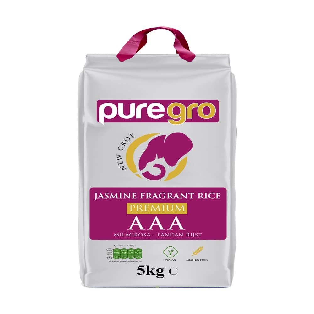 Puregro AAA Premium Jasmine Fragrant Rice 5kg PACK OF 1 NEW CROP VEGAN GLUTEN FREE Premium Quality.