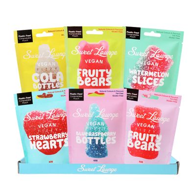Vegan Gummy Sweets - Taster Bundle 6 x 65g by Sweet Lounge Plant-Based, Gelatine-Free, Plastic-Free Packaging Eco Fruity Mix