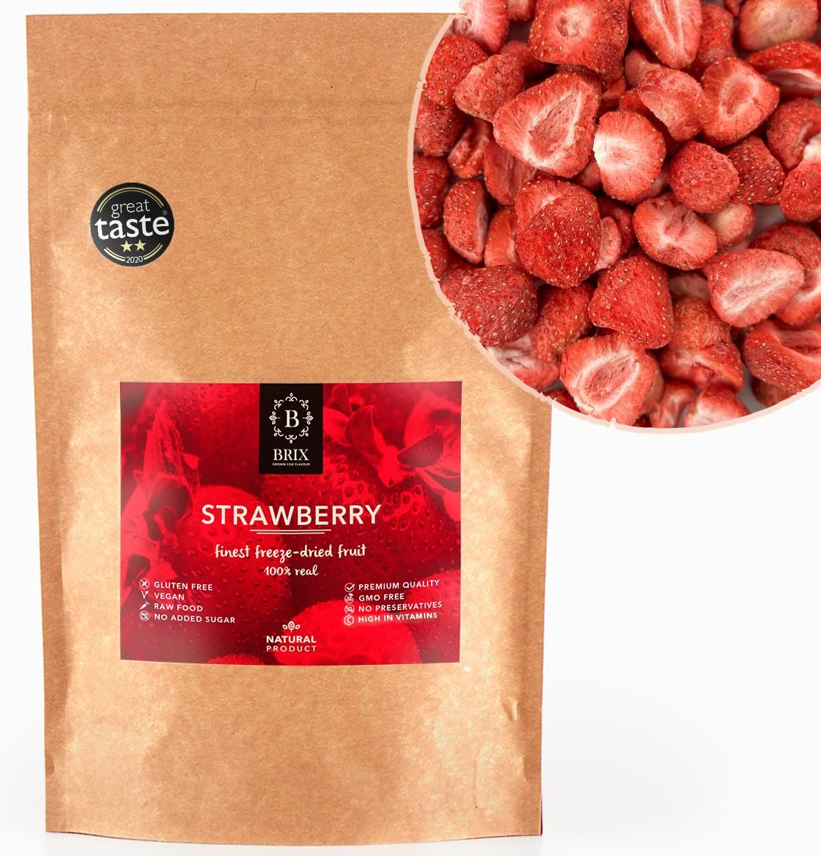 BRIX Freeze Dried Strawberry Halves 100% Natural Dried Strawberries 75g Great Taste Award Dried Fruit Non-GMO, Gluten Free, Vegan &amp; Vitamins Retained