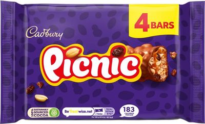 Cadbury Picnic Chocolate Bar, Milk Chocolate With Caramel, Peanuts, Crispy Cereal & Dried Grapes Centre, Multipack of 4 x 38 g Bars (Pack of 1)