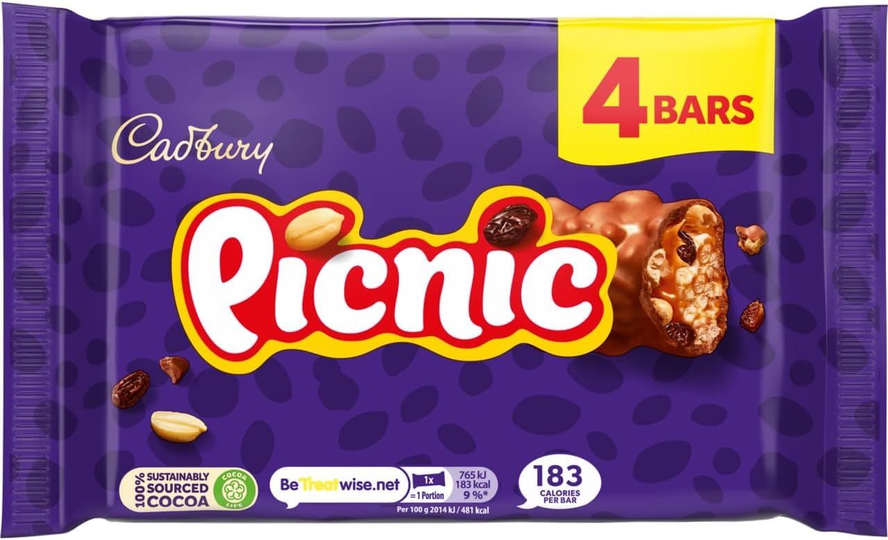 Cadbury Picnic Chocolate Bar, Milk Chocolate With Caramel, Peanuts, Crispy Cereal &amp; Dried Grapes Centre, Multipack of 4 x 38 g Bars (Pack of 1)