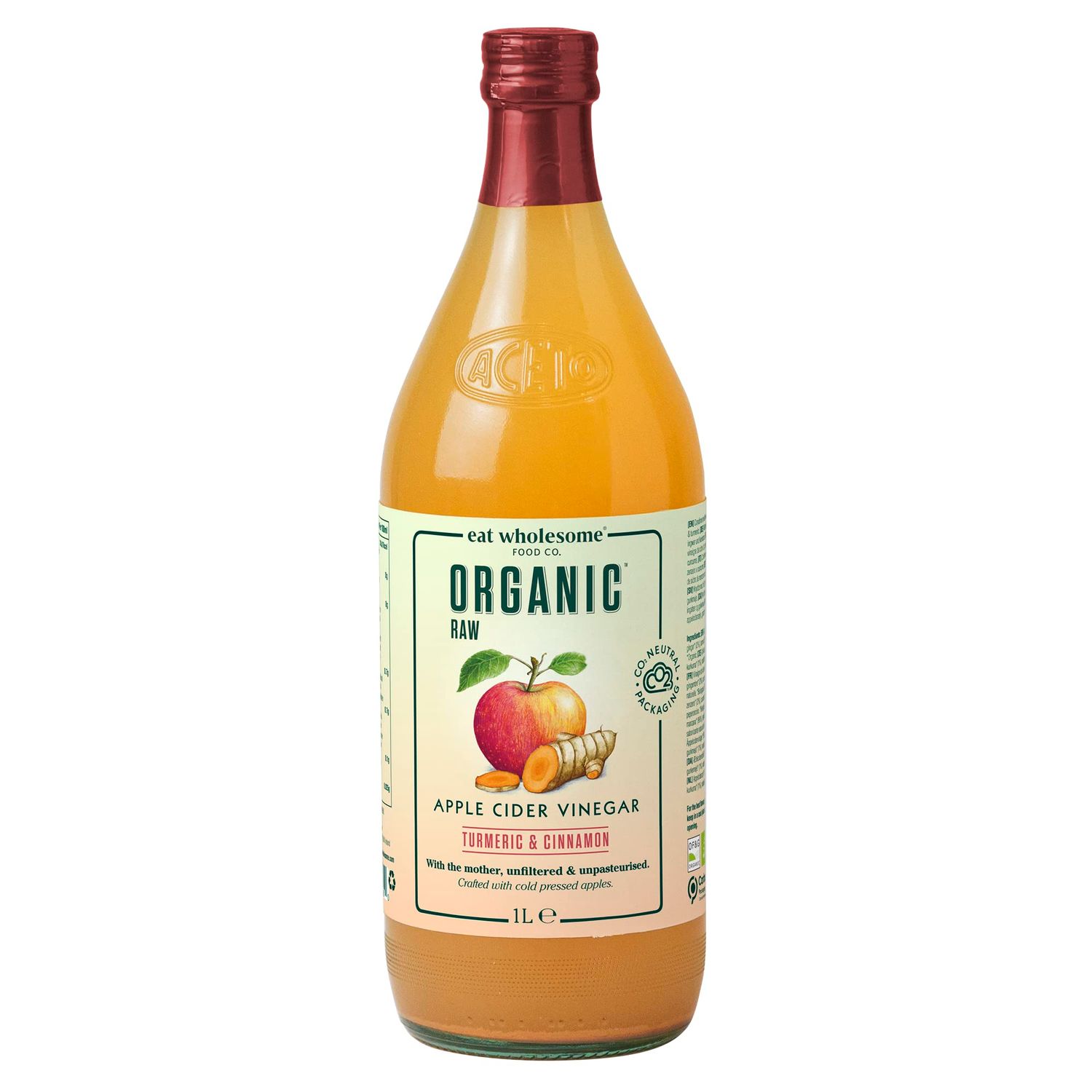 Eat Wholesome Organic Apple Cider Vinegar, Turmeric &amp; Cinnamon, 1L - Raw, Unpasteurised, Unfiltered, With The Mother, Vegan, Glass Bottle in Box