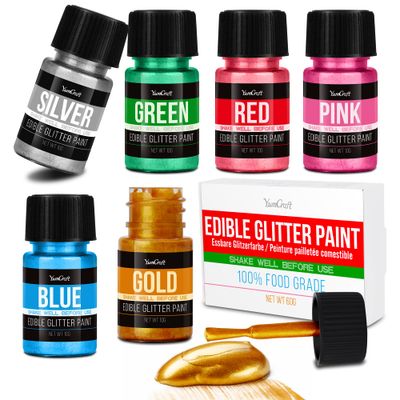 Edible Glitter Paint Set, 6 Food Colors with Gold, Blue, Silver, Green, Red, Pink, Food Grade Liquid Luster Dust for Chocolate, Drinks, Cake, Candy, Shimmering Powder Glitter for Christmas Festival