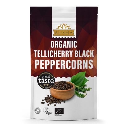 Ausha Organic Tellicherry Black Peppercorns Whole 100g - 2 GREAT TASTE AWARD - UK Certifed Organic by Soil Association - For Grinding and Cooking - Extra Bold Peppercorns