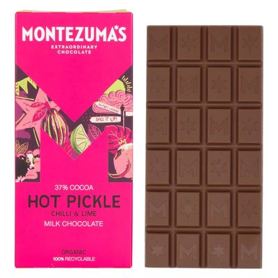 Montezuma's Hot Pickle, 37% Cocoa, Milk Chocolate with Chilli &amp; Lime, Gluten Free &amp; Organic, 90g Bar