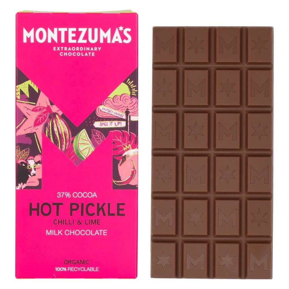 Montezuma's Hot Pickle, 37% Cocoa, Milk Chocolate with Chilli &amp; Lime, Gluten Free &amp; Organic, 90g Bar