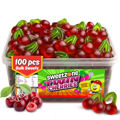 Sweetzone Twin Cherries Sweet Tub, 100 Pcs, 800, Halal Sweets, Sour Sweets, Gummy Candy, Jelly Candy, and Gummy Candy in Fun Tubs of Sweet, Fruit Flavour Gums for Everyone