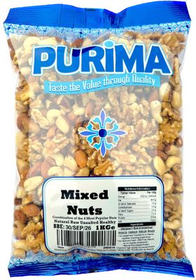 Mixed Nuts 1kg - Fresh 4 Nut Mix of Cashews Almonds Walnuts Brazil Mixture - Selection of Raw Whole Natural Plain Unsalted Unroasted - No Peanuts Healthy Snacks Large Bulk for Eating Keto Gift PURIMA