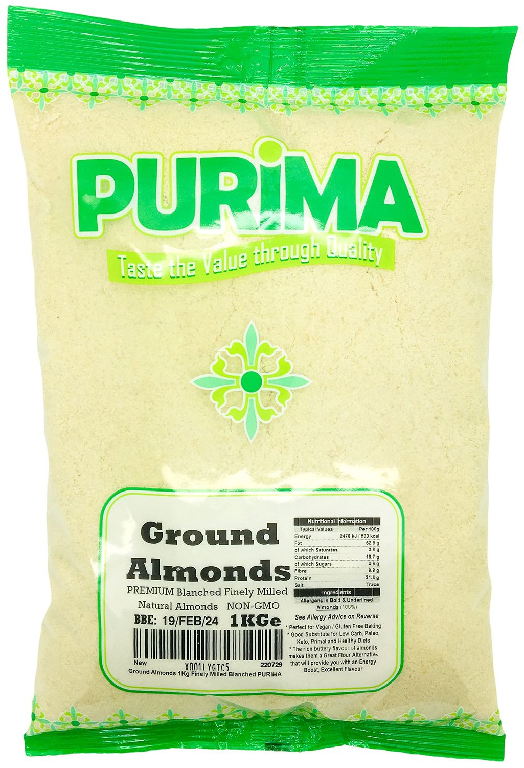 Ground Almonds 1kg - Fine Blanched Finely Milled Almond Flour for Baking Blanch Meal Powder Bulk Bag Box Super Macarons Keto Low Carb Natural Paleo Vegan Bread Spain USA Prime UK - PURIMA