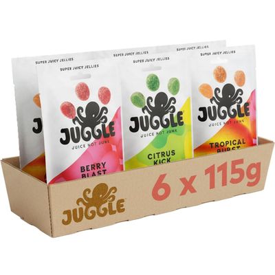 Juggle Super Juicy Vegan Jelly Sweets - 6 x 115G Vegan Sweets Multipack - Citrus Kick, Berry Blast and Tropical Burst - Source of Fibre and Vitamin C - Gluten Free Treats