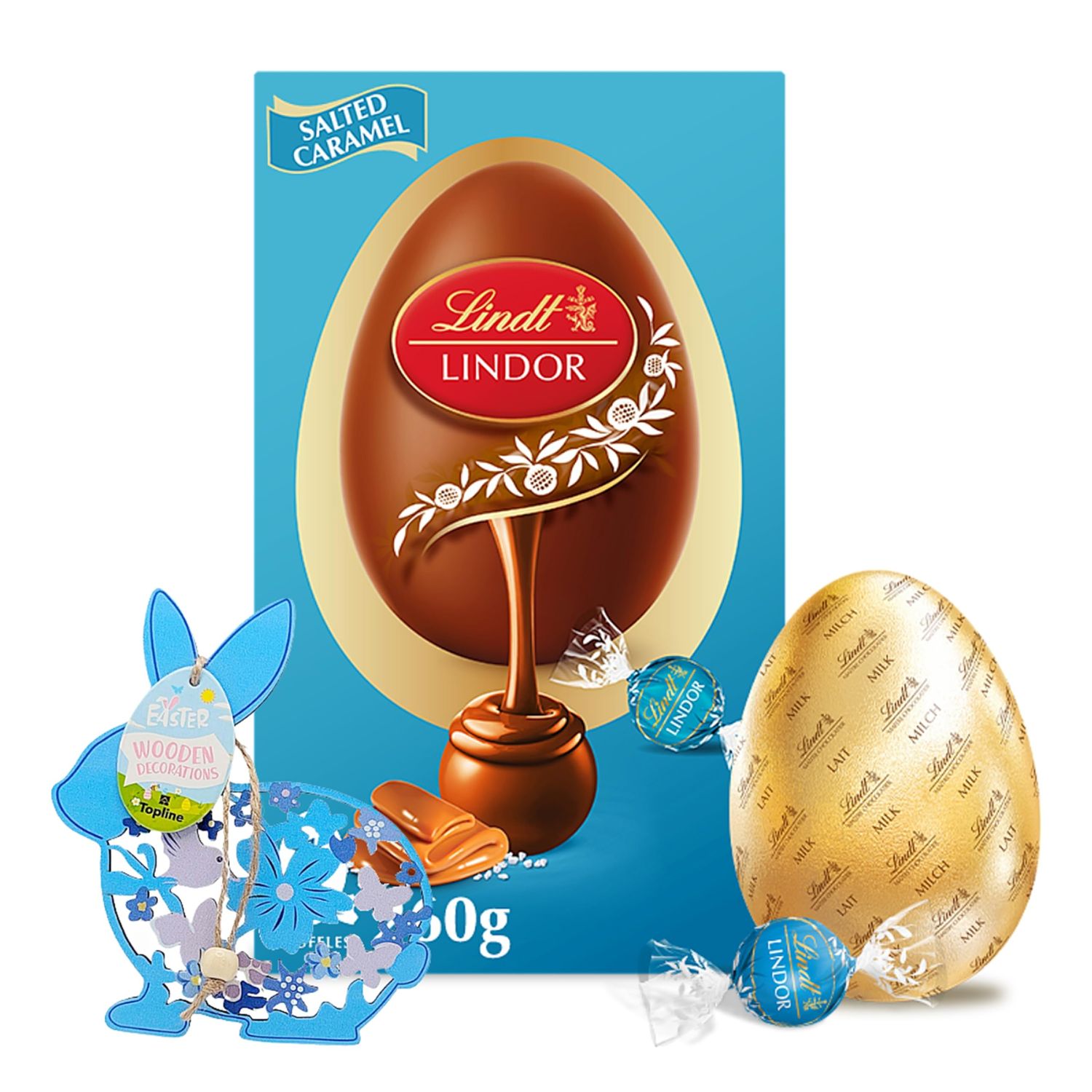 Topline Lindt Chocolate Easter Egg for easter Gifts - Luxury Milk Chocolate Egg with Salted Caramel Truffles 260g Chocolates Gift Box for Easter Hamper, Gifts for Women with Topline Decoration