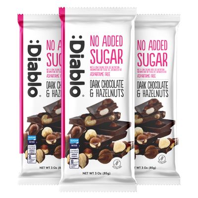 Diablo Dark Chocolate with Hazelnuts, No Added Sugar Dark Chocolate Bar - Maltitol Sweetened, Gluten-Free Snack for All - Celebrate Any Occasion, Birthdays, Valentines, Anniversary - 85g, 3 Packs
