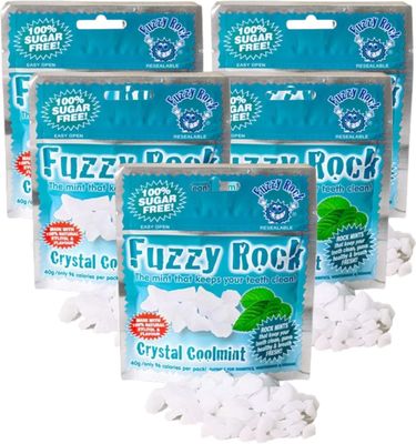 Fuzzy Rock Crystal Coolmint - Natural Sugar-Free Breath Freshener with Xylitol Crystals for Fresh Breath, Clean Teeth &amp; Healthy Gums Great for Travel, Gum Health &amp; Oral Care (5 Packs)