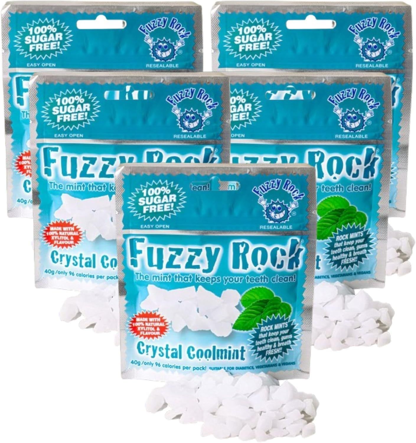 Fuzzy Rock Crystal Coolmint - Natural Sugar-Free Breath Freshener with Xylitol Crystals for Fresh Breath, Clean Teeth &amp; Healthy Gums Great for Travel, Gum Health &amp; Oral Care (5 Packs)