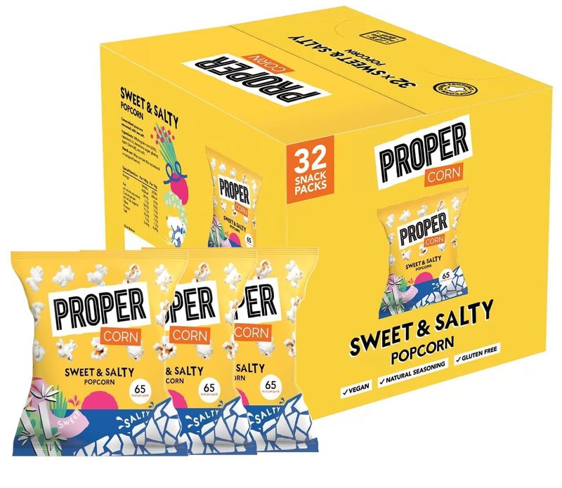 Proper Corn Sweet &amp; Salty Popcorn Natural Sea Salt and Demerara Sugar Seasoning, Vegetarian, Gluten-Free, Hand-Popped Corn Box of 32 x 14g By Red Rainbow