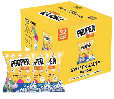 Proper Corn Sweet & Salty Popcorn Natural Sea Salt and Demerara Sugar Seasoning, Vegetarian, Gluten-Free, Hand-Popped Corn Box of 32 x 14g By Red Rainbow