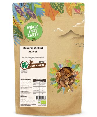 Wholefood Earth Organic Walnut Halves 500g Raw GMO Free Vegan High Fibre High Protein Certified Organic