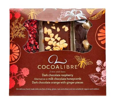Cocoa Libre Triple Delight - Vegan, Dairy-Free, Nut-Free, Gluten-Free Mini Chocolate Bars - Raspberry, Honeycomb, Orange &amp; Ginger, 120g