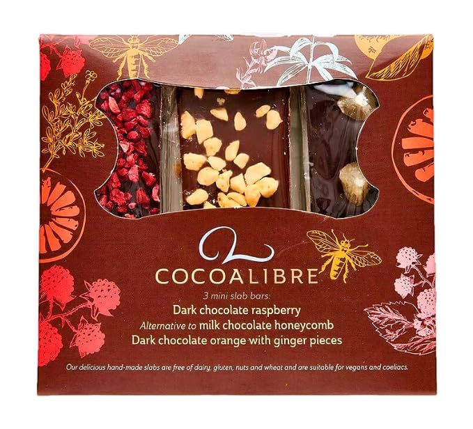 Cocoa Libre Triple Delight - Vegan, Dairy-Free, Nut-Free, Gluten-Free Mini Chocolate Bars - Raspberry, Honeycomb, Orange &amp; Ginger, 120g