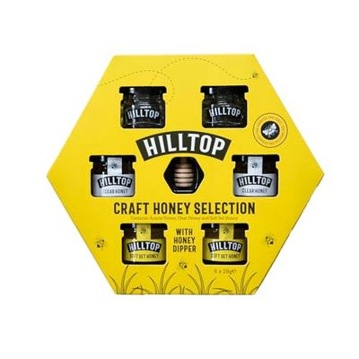 Hilltop Craft Honey Selection Box 6 x 28g jars with a Wooden Honey Dipper Acacia Clear Soft Set Pure and Natural Honey Premium Quality and Tested for Authenticity Dairy Nut and Gluten Free