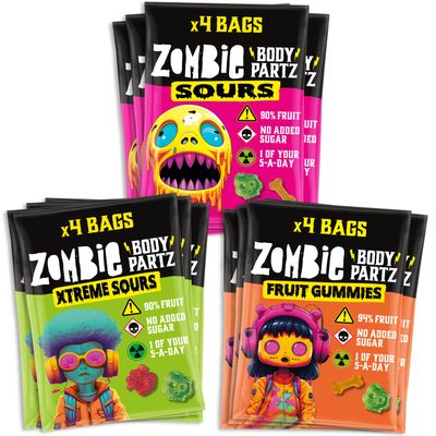 Zombie No Added Sugar Sweets, Variety Pack (12 Bags), 90% Fruit, Vegan, Healthy Snacks for Adults, Kids, Low Calorie, Gluten Free, Halal, Bulk, Jelly, Tub, Vegetarian, Party Bags, Gummy, Multipack Zombie No Added Sugar Sweets, Variety Pack (12 Bags), 90% Fruit, Vegan, Healthy Snacks for Adults, Kids, Low Calorie, Gluten Free, Halal, Bulk, Jelly, Tub, Vegetarian, Party Bags, Gummy, Multipack