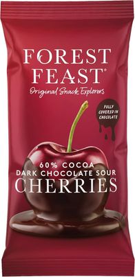 FOREST FEAST 60% Cocoa Dark Chocolate Sour Cherries Pack 12 x 40g - Sweet Dried Cherries Chocolate Covered Fruit Snack with 60% Belgian Dark Chocolate, Gluten Free &amp; Vegan Friendly Snack