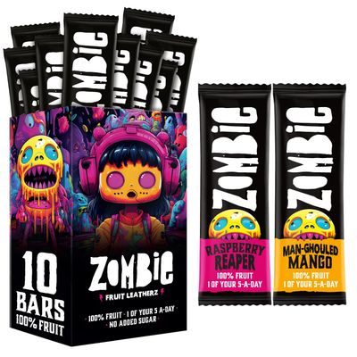 Zombie Fruit Bars, Raspberry & Mango (10 Bars, 2 Flavours), 100% Dried Fruit, Healthy Snacks, Adults, Kids, Office, Low Calorie, Gluten Free, Vegan, Halal, Bulk, Real Fruit, No Added Sugar, Natural