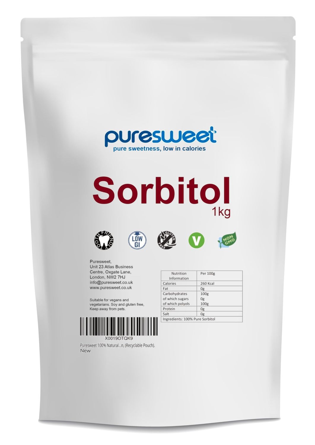 Puresweet® Sorbitol Powder 1kg, Premium Qulity, All Natural Sugar Alternative, Non GMO, Tooth Friendly, Vegan, (Recyclable Pouch).