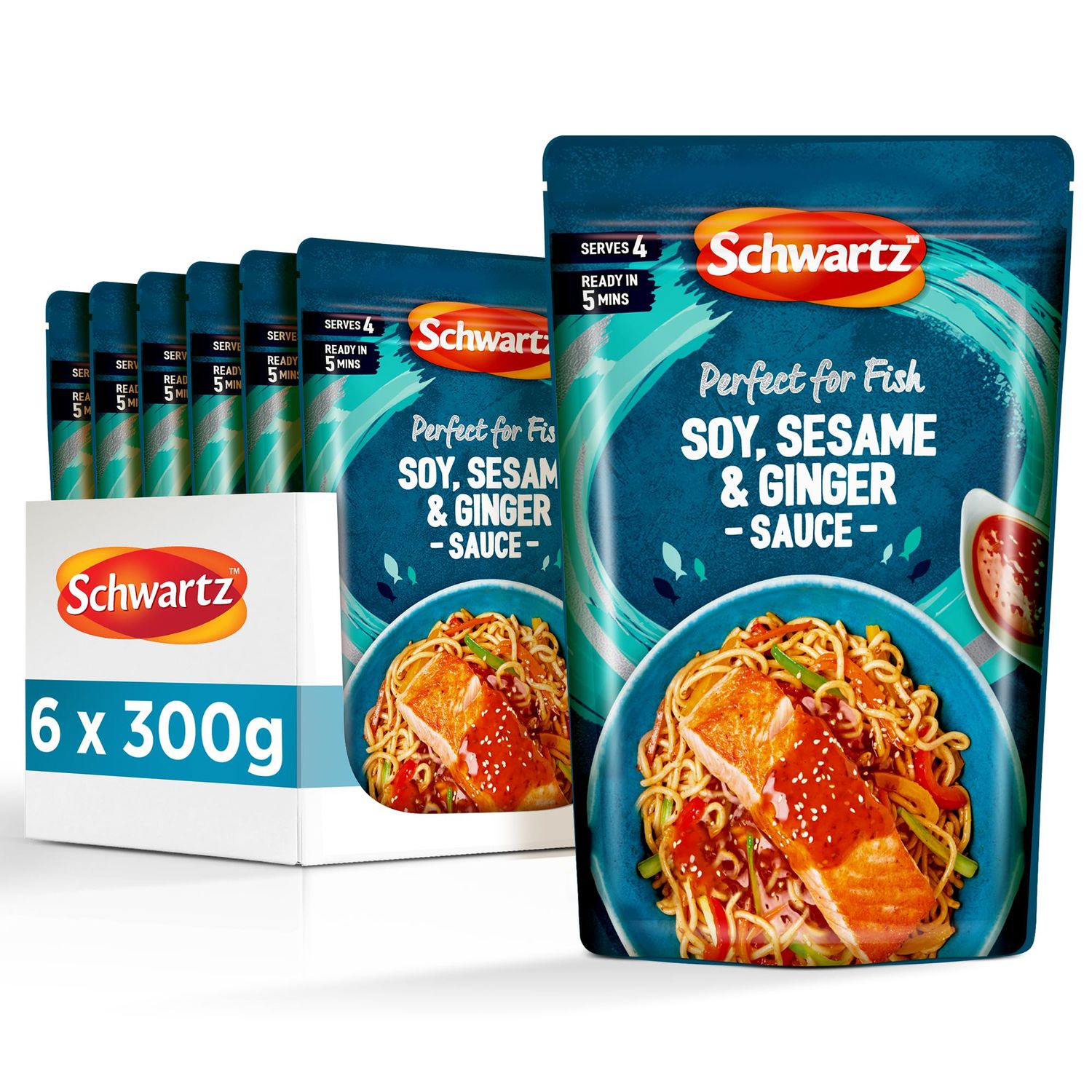 Schwartz Low Fat Dark Soy Sesame &amp; Ginger Sauce 300 G Serves 4 Pack of 6 Full of Flavour Perfect for Fish Microwaveable Pack