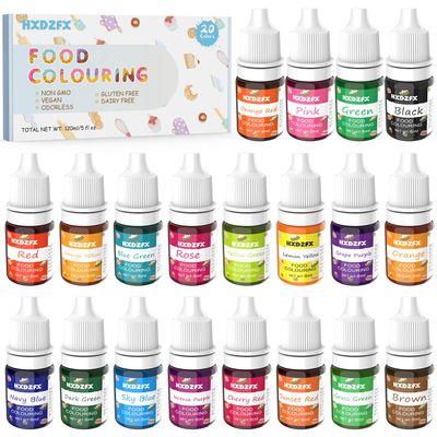 HXDZFX Food Colouring - 20 Colours x 6ml Food Dye Concentrated Liquid Cake Food Colouring Set, Yellow,Orange,Blue,Sky,Green,Red,Pink,Black,Purple HXDZFX Food Colouring - 20 Colours x 6ml Food Dye Concentrated Liquid Cake Food Colouring Set, Yellow,Orange,Blue,Sky,Green,Red,Pink,Black,Purple