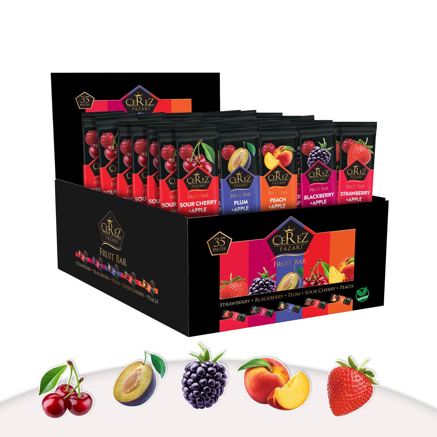 Cerez Pazari Dried Fruit Roll Ups, 25g x 35 pack Snacks Variety Pack for Kids, Vegan Real Fruit Bars, Healthy Snacks with Strawberry, Blackberry, Plum, Sour Cherry and Peach