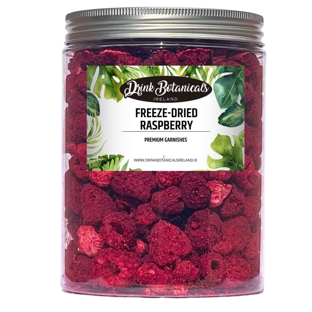 Drink Botanicals Ireland Natural Freeze Dried Whole Raspberries. 100 + Servings. (90g) - for Garnishing Cocktails, Baking, Cakes, Yogurts, Granola &amp; More. Recyclable Jar with Aluminium Lid